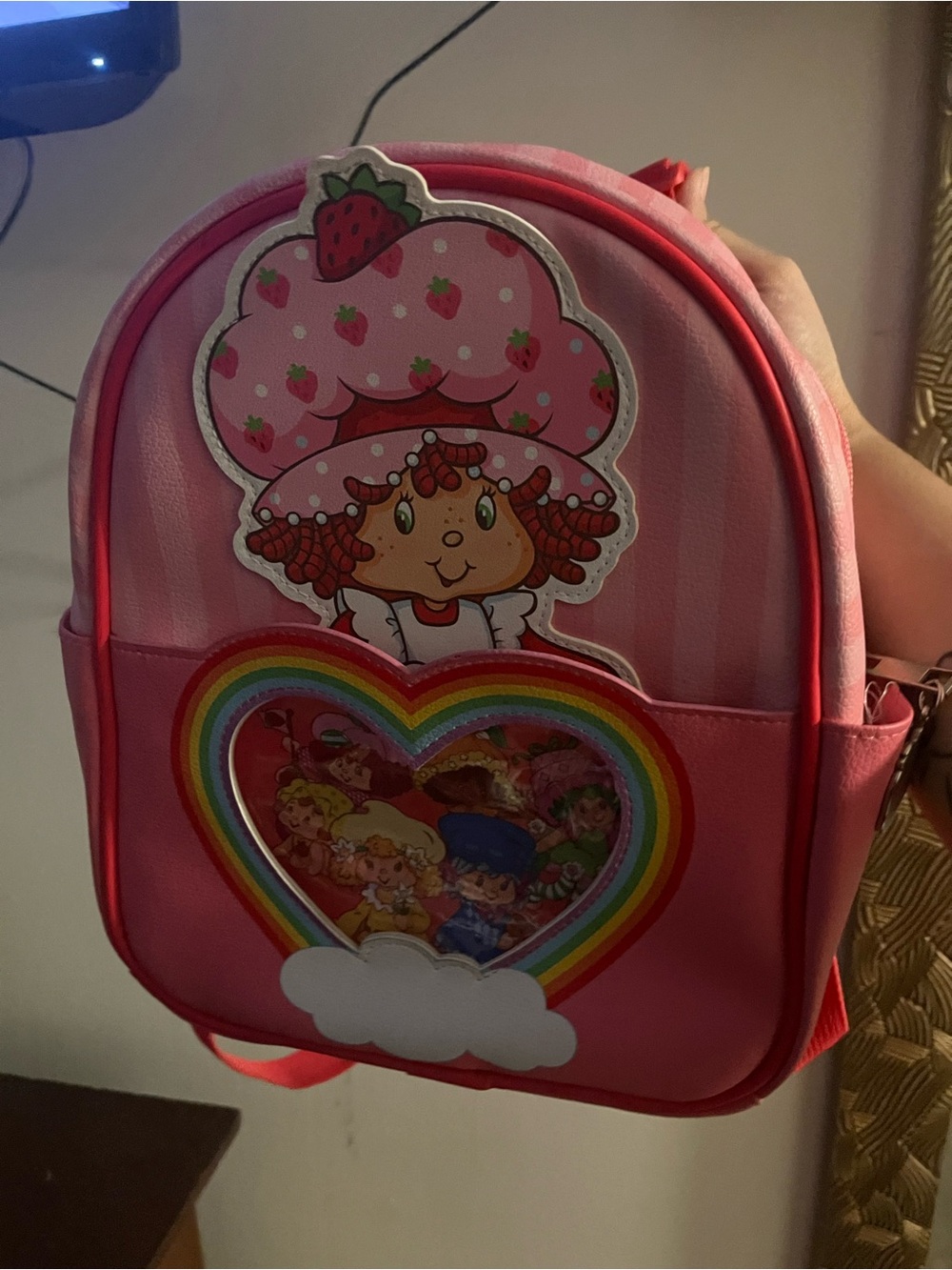 Pink Strawberry Character Kids Backpack with Rainbow Heart